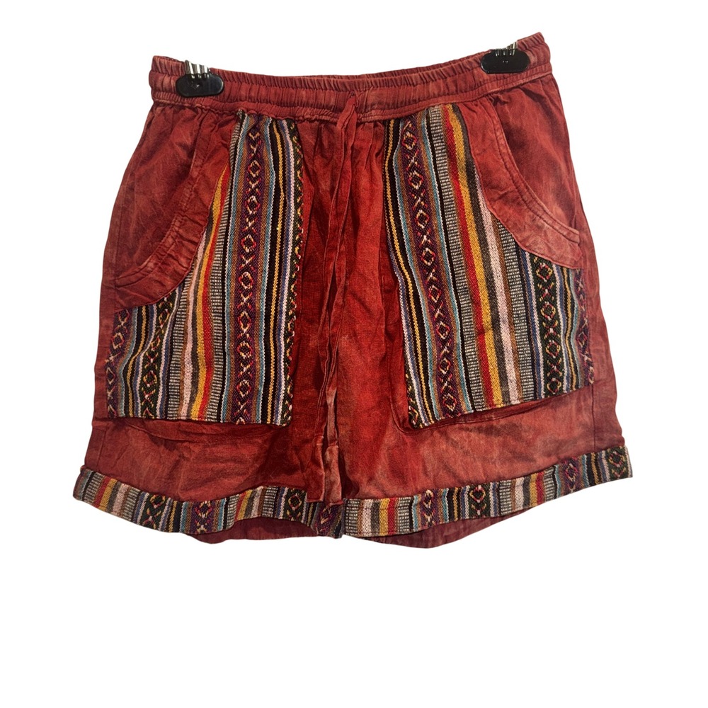 Gringo Boho Hippie Shorts Red Tribal Woven Cotton Small Nepal Patchwork Pockets